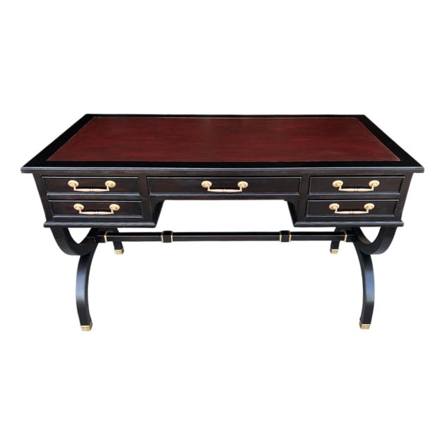 Mid 20th Century Hollywood Regency Ebonized Desk With Cognac Leather Top by Sligh-Lowry For Sale
