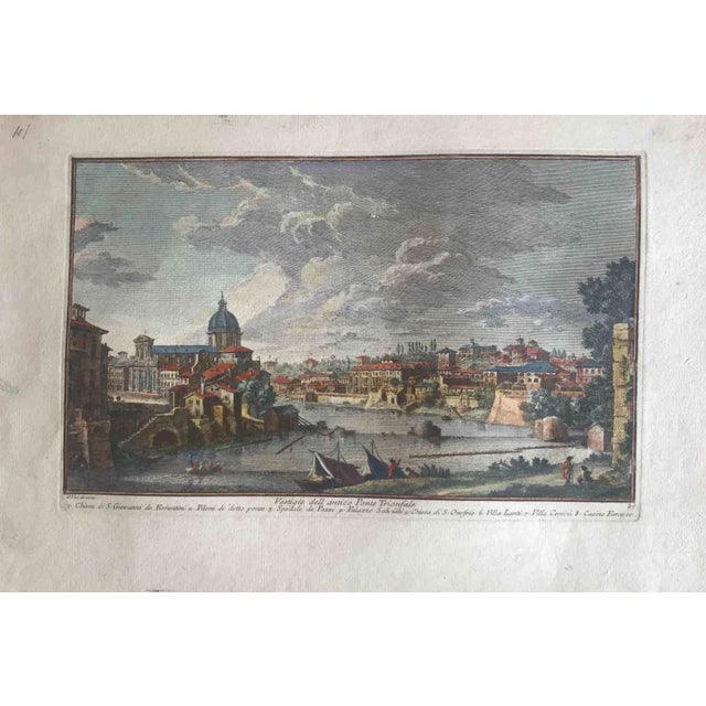 Vestige dell'antico Ponte Trionfale is an original etching of the Late 18th century realized by Giuseppe Vasi. Signed and...