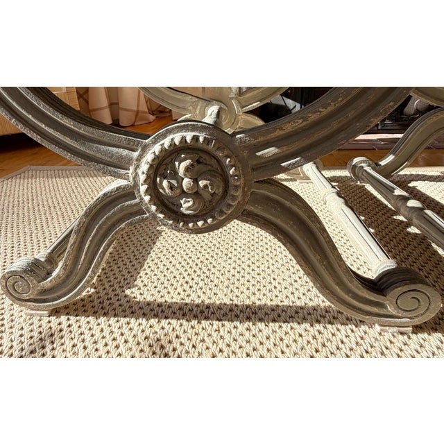 A Pair of Painted Campaign Style X-Base Ottomans Footstools in Butter Yellow and Blue Toile For Sale - Image 12 of 17