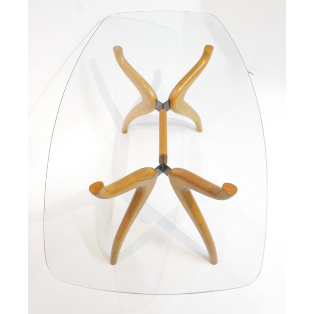Wood Sculptural Mid-Century Modern Glass-Top Dining Table with Curved Wood Base For Sale - Image 7 of 18
