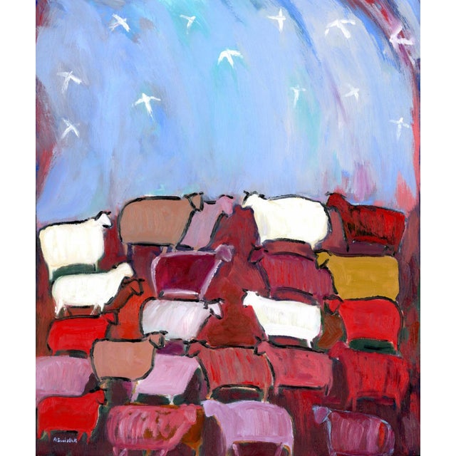 An innovative, modern abstract pastoral landscape An elegant, abstract oil painting of birds, sheep and angels in nature...