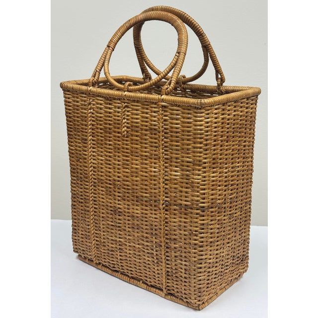 Vintage Tall Woven Wicker Basket With Round Handles For Sale - Image 4 of 7