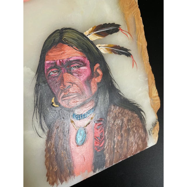 Late 20th Century Native Indian Chief Portrait Oil Painting on Marble Slab #1 For Sale - Image 5 of 12