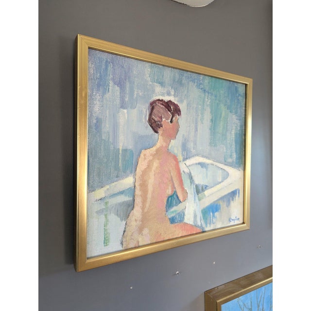 1960s Mid-Century Modern 'Bath Time' Figurative Portrait Oil Painting, Framed For Sale - Image 5 of 11
