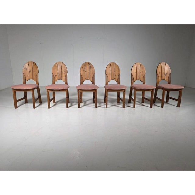 Pink Pink Velvet and Pine Dining Chairs, Sweden, 1970s, Set of 6 For Sale - Image 8 of 8