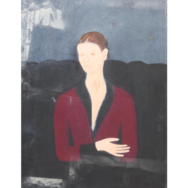 Late 20th century oil on canvas portrait painting of woman in red by Rebecca de leon Almazon (1935-2018) Texas. Unsigned,...