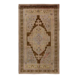 Antique Khotan Handmade Medallion Floral Motif Tan Room Size Wool Rug