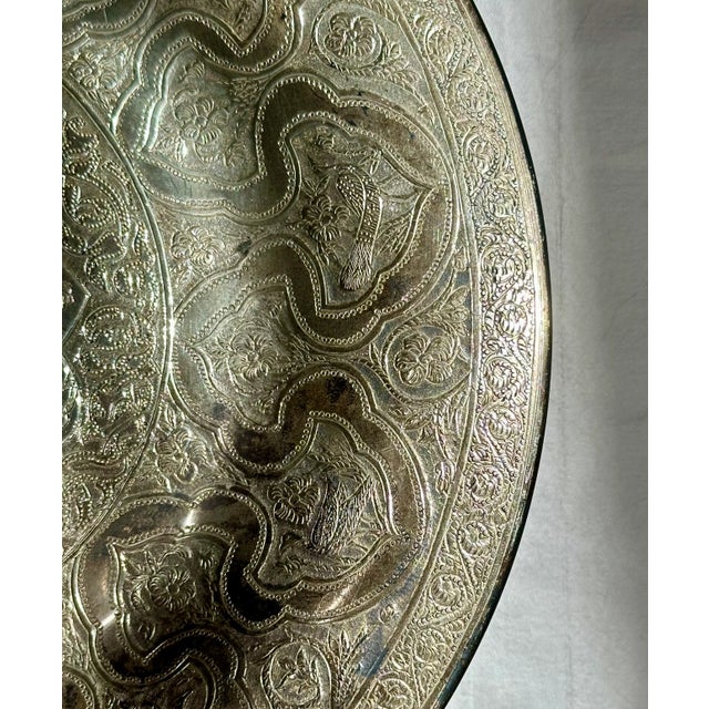Vintage Persian Zandi Middle Eastern Islamic Brass Platter. For Sale - Image 9 of 11
