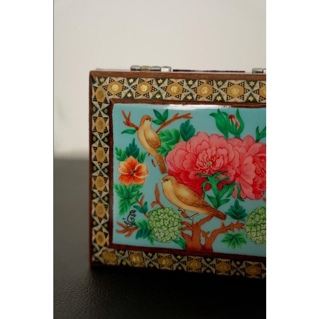 Traditional Hand-Painted Bird and Floral Jewelry Box With Marquetry Frame For Sale - Image 3 of 3