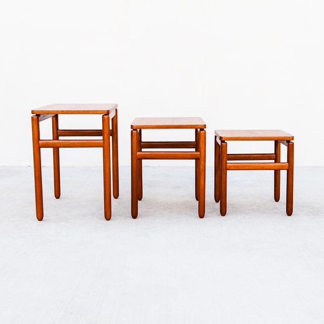 Brown Restored 1960s Danish Mid Century Modern Teak Floating Top Nesting Tables For Sale - Image 8 of 10