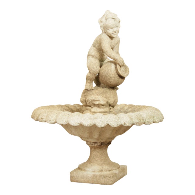 Vintage Cast Stone Garden Statue Fountain with Boy Pouring Water Vessel