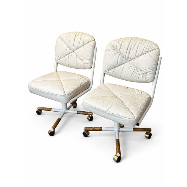 Mid-Century Modern Vintage Douglas Furniture Ivory Faux-Leather Swivel Chairs on Casters — Pair For Sale - Image 3 of 10