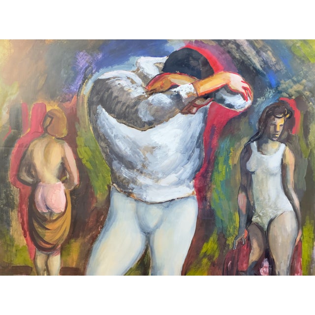 A genuinely compelling piece of California art history, this large gouache painting titled "Back Stage" depicts three...
