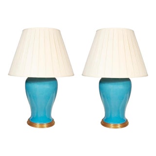Mid-Century Modern Deep Turquoise Pottery Table Lamps by Daniel Barney - Pair For Sale