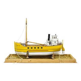 Large 48" Vintage Wooden Fishing Vessel Model Ship Yellow Hull South Korean Flag For Sale