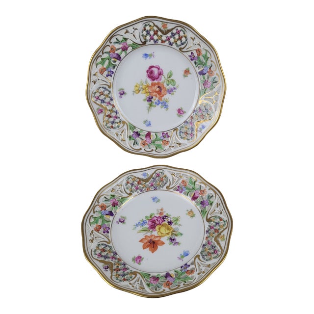 Schumann Germany Chateau Dresden Flowers Reticulated Porcelain Plates - A Pair For Sale
