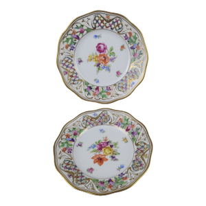 Schumann Germany Chateau Dresden Flowers Reticulated Porcelain Plates - A Pair