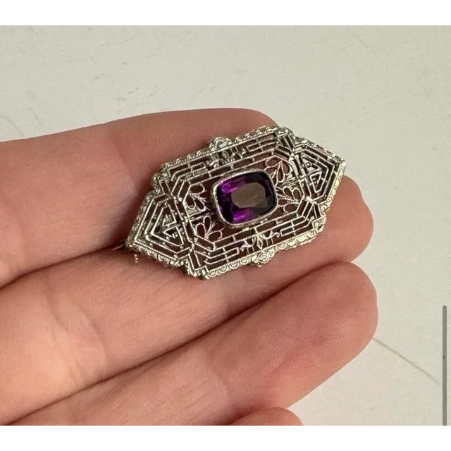 10k White Gold Art Deco Filigree Brooch Amethyst Antique Ornate Pin Estate Piece For Sale - Image 9 of 10