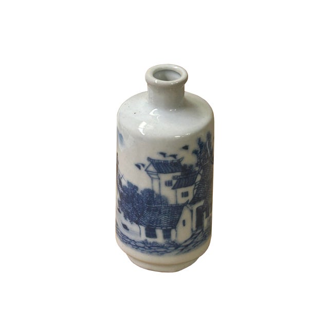 Ceramic Small Blue White Handpaint Scenery Graphic Porcelain Vase For Sale - Image 7 of 10
