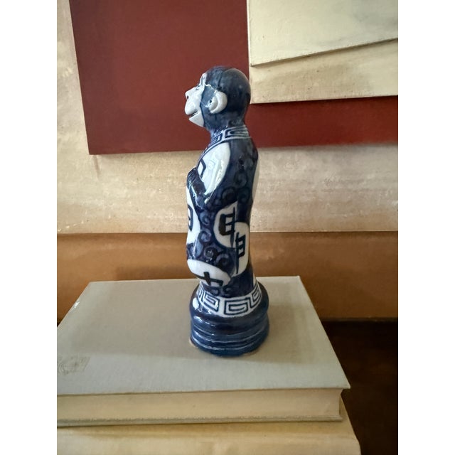 Chinoiserie Vintage Blue and White Monkey Figure, Attributed to Andrea by Sadek, Chinese Zodiac Style Figurine For Sale - Image 3 of 9