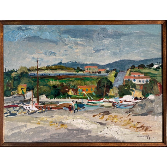 Robert Mendoze Original Oil Painting, French Coastal Harbor, Signed and Dated 1967, Framed For Sale - Image 4 of 11