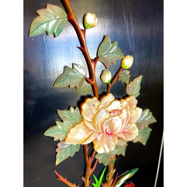 1960s Mother of Pearl Wall Panel Lacquered Black Lotus Flower Elephant Leg Vase For Sale - Image 4 of 12