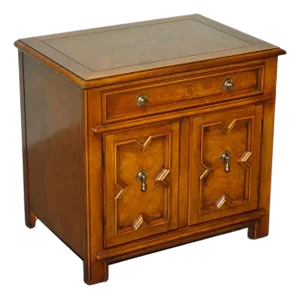 Baker Furniture Burr Walnut Bedside Cabinet with Drawer and Carved Doors