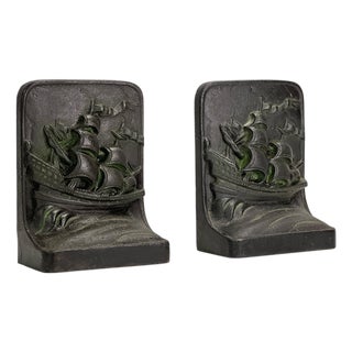 Art Deco Cast Iron Bookends with Nautical Ship Motif, 1930s, Set of 2 For Sale
