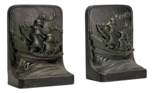 Art Deco Cast Iron Bookends with Nautical Ship Motif, 1930s, Set of 2