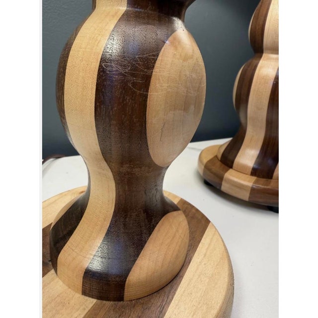 Vintage Danish-Modern Studio Craft Two-Tone Hand-Turned Wood Table Lamps - a Pair For Sale - Image 13 of 16