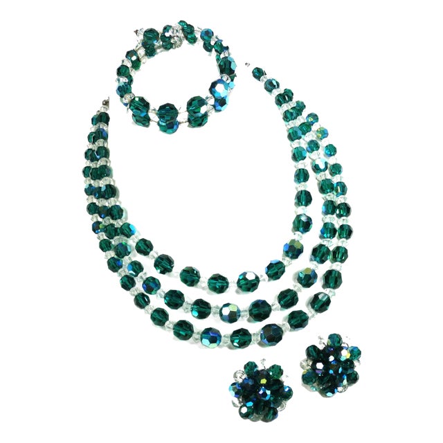 Vintage 1950s Emerald Crystal Beaded Necklace Set - 4 Pieces For Sale