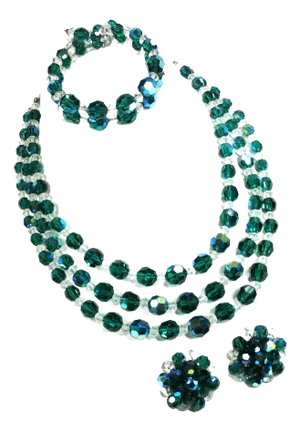 Vintage 1950s Emerald Crystal Beaded Necklace Set - 4 Pieces