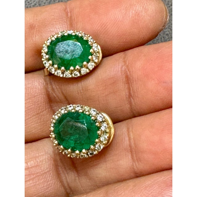 Green 5 Carat Oval Shape Emerald & 1 Ct Diamond Post Back Earrings 14 Karat Yello Gold For Sale - Image 8 of 8