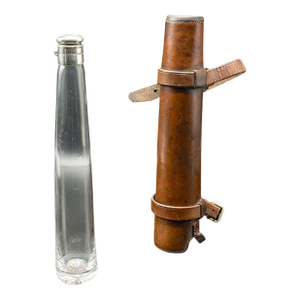Antique Explorer's Saddle Flask, English, Glass Bottle, Leather Case, Edwardian