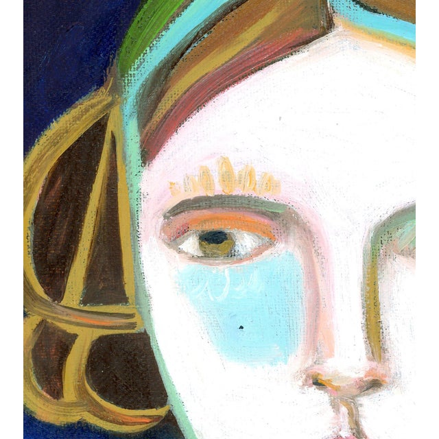 Contemporary Girl With Blue Flower, Contemporary Abstract Portrait Oil Painting, Signed For Sale - Image 3 of 6