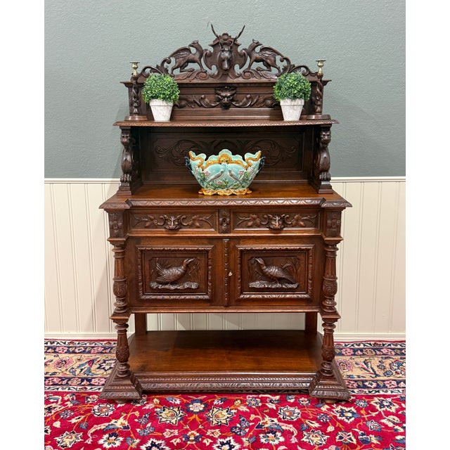 Traditional Antique French Renaissance Revival Hunt Buffet Server Sideboard Dark Oak 19c For Sale - Image 3 of 17