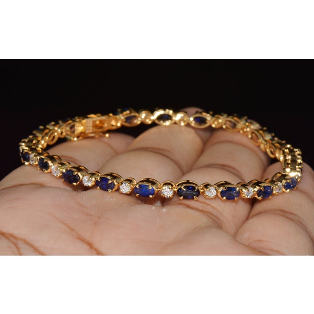 Certified Natural 7ct Blue Sapphire Diamond 18k Gold Tennis Stacking Bracelet For Sale - Image 13 of 16