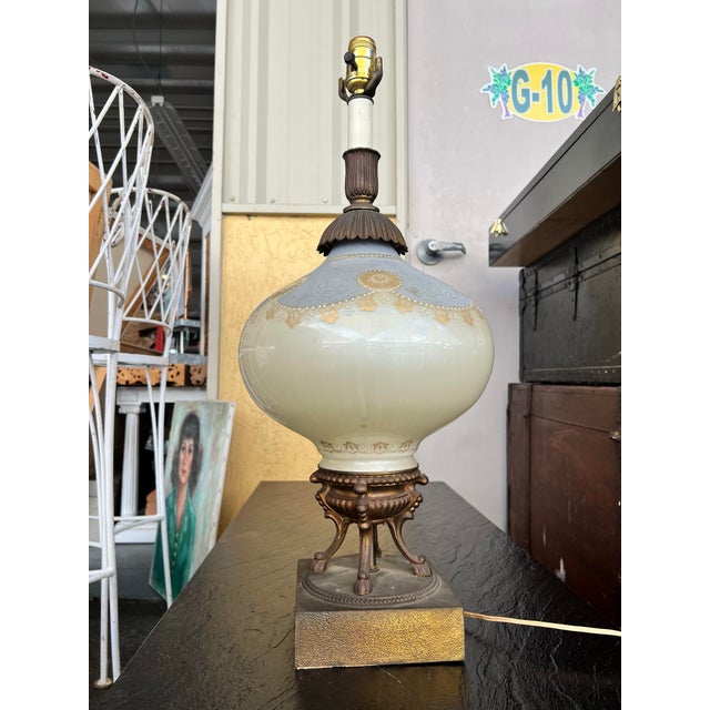 Blue Vintage Hollywood Regency Mid Century Table Lamp - Brass, Blue Milk Glass, Gold Stenciled For Sale - Image 8 of 9