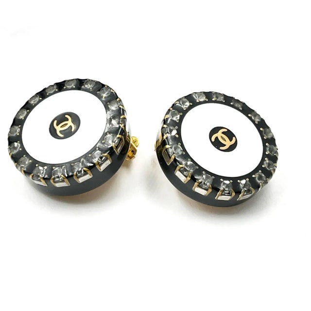 Chanel Vintage Gold Plated CC Mother of Pearl Crystal Rim Clip on Earrings *Marked 98 *Made in France -Approximately 1″ x...