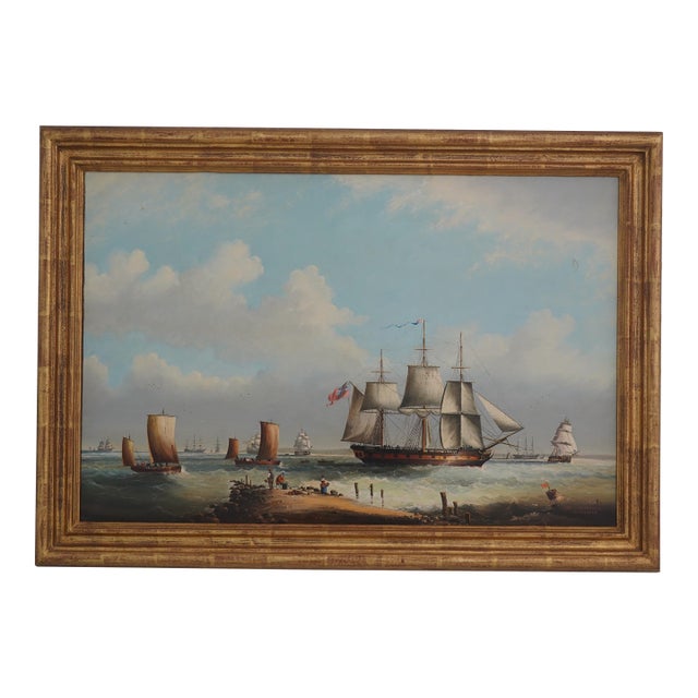 Framed Artist Signed Oil Painting on Canvas British Tall Ships Ocean Scene For Sale
