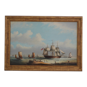 Framed Artist Signed Oil Painting on Canvas British Tall Ships Ocean Scene