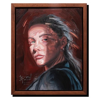 Ember Eyes by Stefan Smit | Oil on Panel Portrait of a Young Woman with Intense Expression For Sale