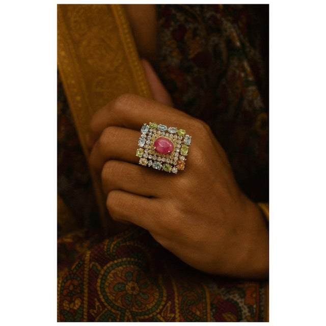 Bochic “Orient” Vintage Diamond, Ruby & Multi Sapphire Ring Set In 18K Gold&Silv For Sale - Image 11 of 13