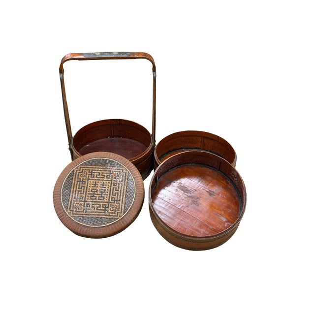 Wood Vintage Oriental Handmade Brown Rattan Stack Basket With Handle For Sale - Image 7 of 11