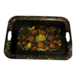 Black and Gold Toleware Tray With Hand Painted Fruits and Flowers
