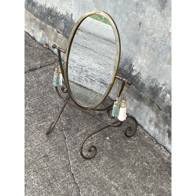 Brutalist Mirror. Large Forged Wrought Iron Oval Vanity Mirror For Sale - Image 4 of 11