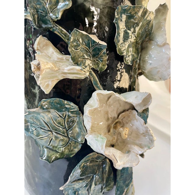 Black Grand Monumental French Barbotine Faience Floral Floor Vase For Sale - Image 8 of 10