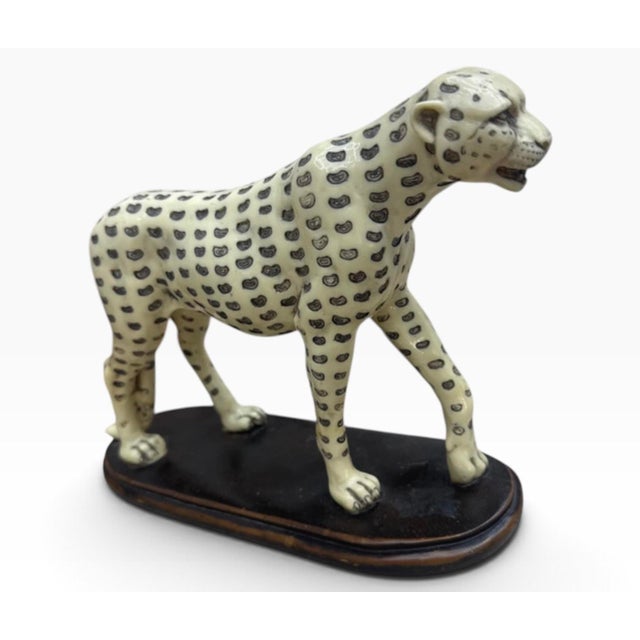 Vintage Hand-Painted Ceramic Leopard Sculpture on Wood Base Cheetah Cat For Sale In Miami - Image 6 of 6