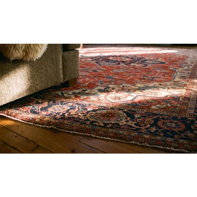 Textile 1890s Red Medallion Antique Nw Persian Serapi Rug 12'6" X 18'9" Handknotted Wool Carpet For Sale - Image 7 of 9