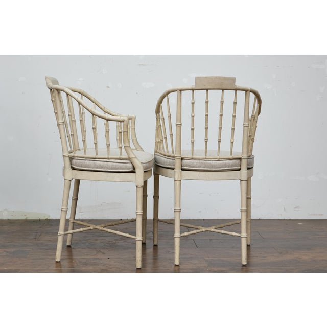 Late 20th Century Baker Furniture Faux Bamboo Accent Chairs with Upholstered Linen Cushions, Pair For Sale In Atlanta - Image 6 of 12